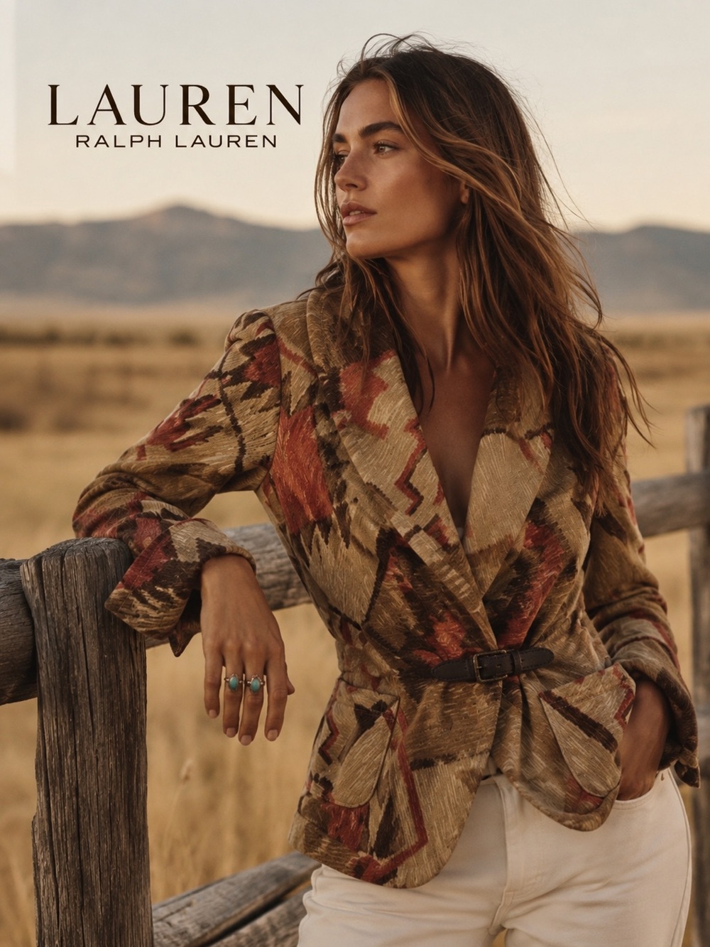 LAUREN Ralph Lauren Tan & Rust Patterned Belted Blazer
